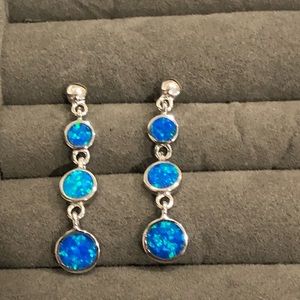 Sterling Silver Blue Opal Round  Earrings